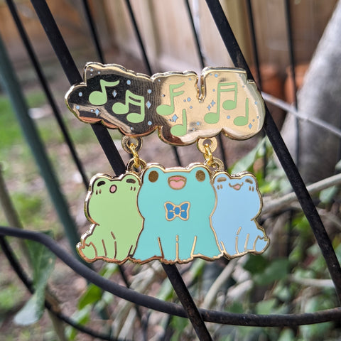 frog singing green teal kawaii musical note enamel pin