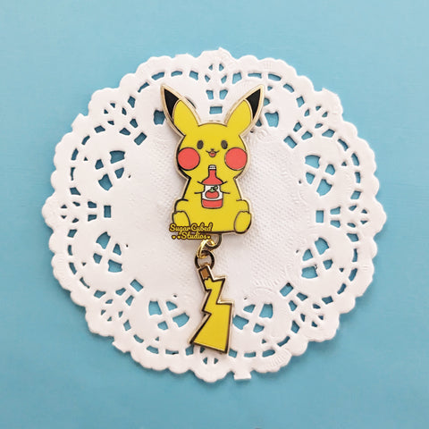 yellow mouse electric pocket monster dangle tail enamel pin ketchup