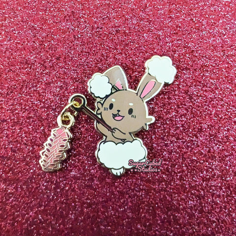 lunar new year fluffy brown rabbit with fireworks enamel pin